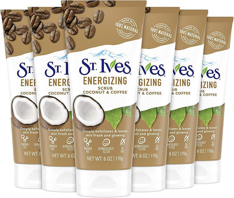 St. Ives Rise and Energize Face Scrub Deep Exfoliating Scrub Coconut and Coffee Dermatologist-Tested, 100% Natural Exfoliants Face Wash, 6 Ounce (Pack of 6)