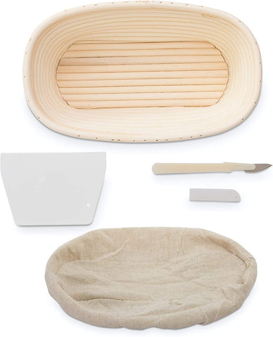 10-inch Oval Banneton Bread Proofing Basket Natural Rattan with Dough Scraper and Linen Liner