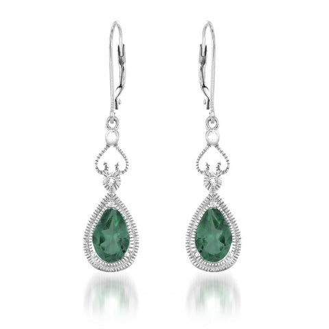 Sterling Silver 2.60CTW Pear Shape Emerald and White Sapphire Drop Earrings
