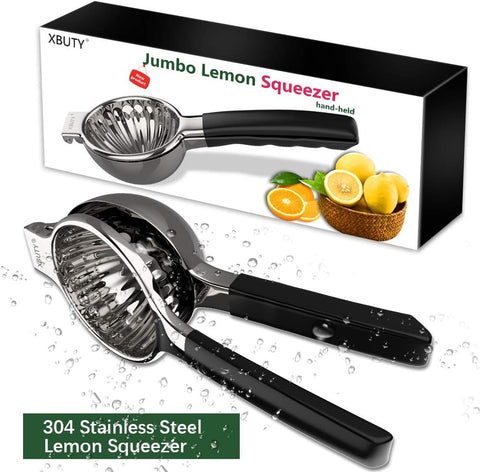 XBUTY Extra Large Lemon Squeezer Stainless Steel Manual Non-Slip Hand-Held Jumbo Citrus Press, Black