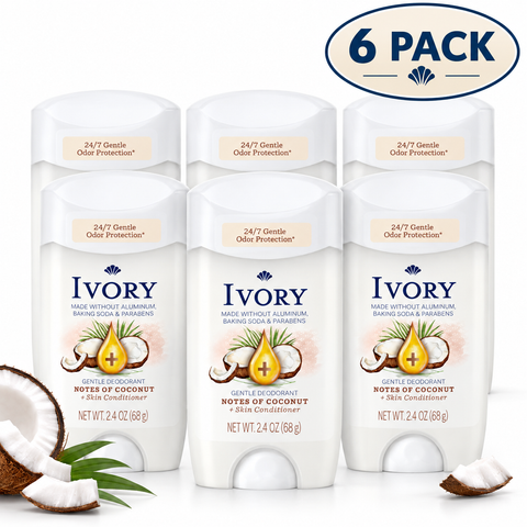 Ivory Aluminum Free Deodorant, Hint of Coconut, 24hr Gentle Deodorant, Dermatologist Tested, Baking Soda Free, Paraben Free, 2.4oz (Pack of 6)