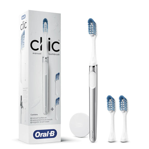 Oral-B Clic Deluxe Starter Kit, Manual Toothbrush with 3 Brush Heads & Magnetic Brush Mount, White