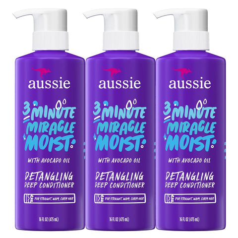 Aussie 3 Minute Miracle Moist Deep Conditioner Treatment, 16 fl oz | Paraben & Sulfate Free |(3Pack) Detangling | with Avocado Oil