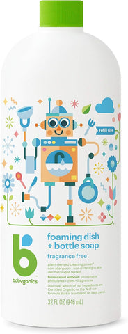 Babyganics Foaming Dish & Bottle Soap Refill, Fragrance Free, Plant-Derived Cleaning Power, Removes Dried Milk, 32 Fl Oz (Pack of 2)