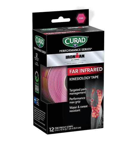 CURAD Performance Series Ironman Far Infrared Kinesiology Tape, Pink, 2″ x 10″ Strips, 1 Count