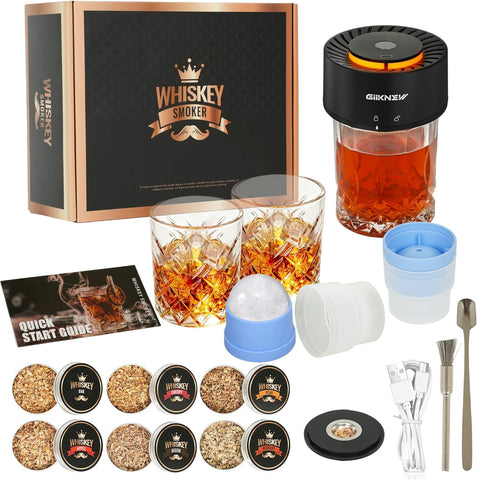 Electric Whiskey Smoker Kit, 2 Ice Ball Molds & Glasses, No Butane Needed, Old Fashioned Smoker Kit with 6 Wood Chips, Built-in Lighter & LED Light