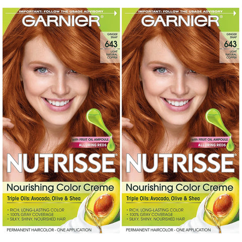 Garnier Hair Color Nutrisse Nourishing Creme, 643 Light Natural Copper (Ginger Snap) Permanent Hair Dye, 2 Count