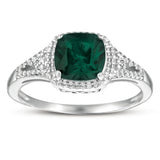 STERLING SILVER 2.0CTW CUSHION CUT EMERALD AND DIAMOND ACCENT RING