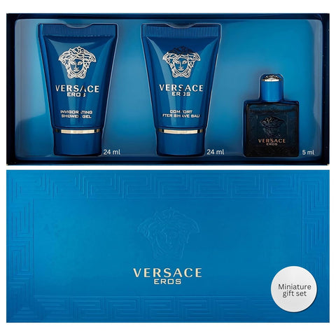 Versace Eros by Versace Gift Set -- .17 oz Mini EDT + .8 oz Shower Gel + .8 oz After Shave Balm (Men)