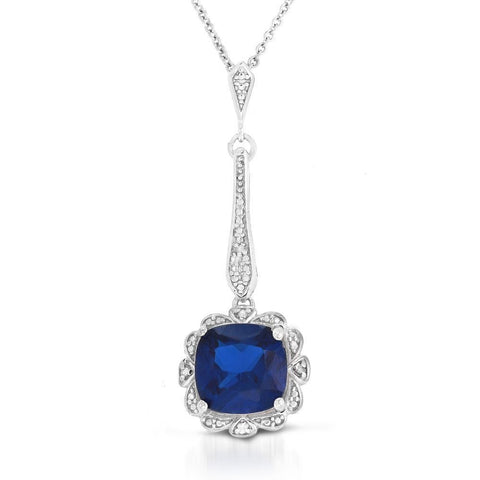 10MM Cushion Created Sapphire and Diamond Pendant in Sterling Silver