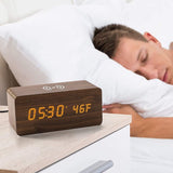 Brown Wood Digital LED Alarm Clock with Wireless Charging, Adjustable Sound & Brightness
