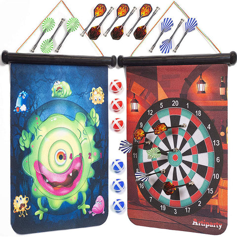 Magnetic Dart Board for Kids – Indoor and Outdoor– Double-Sided Scoreboard, 4 Dart Games, 12 Strong Magnetic Throwing Darts, 6 Dart Balls