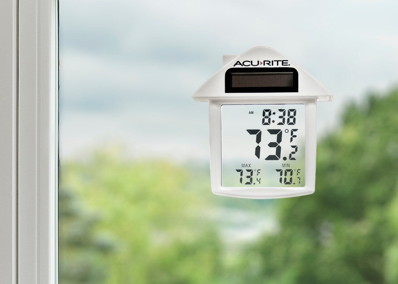AcuRite Solar Powered Window Thermometer with Digital  Clock, Daily High & Low Temperatures,  Reversible Design, Indoor/Outdoor