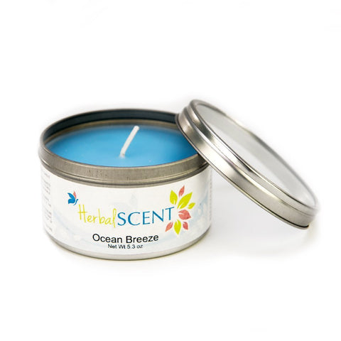 HerbalSCENT Ocean Breeze Scented Candle Blue Paraffin Wax Tin Candles, 5.3 oz