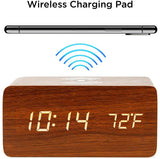 Brown Wood Digital LED Alarm Clock with Wireless Charging, Adjustable Sound & Brightness