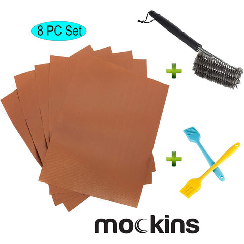 Mockins 5 BBQ Grill Mats Set with 2 Basting Brushes & 1 Steel Wire Cleaning Brush