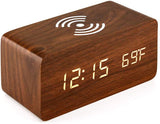Brown Wood Digital LED Alarm Clock with Wireless Charging, Adjustable Sound & Brightness