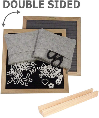 Double Sided Black and Gray Felt Letter Board 10"x10", 680 Letters, Oak Wood Frame & Stand, Includes Scissors & 2 Storage Bags