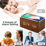 Brown Wood Digital LED Alarm Clock with Wireless Charging, Adjustable Sound & Brightness