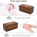 Brown Wood Digital LED Alarm Clock with Wireless Charging, Adjustable Sound & Brightness
