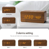 Brown Wood Digital LED Alarm Clock with Wireless Charging, Adjustable Sound & Brightness