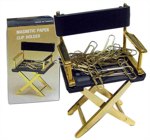 Magnetic Director's Chair Paper Clip Holder with 24 Paper Clips, 4", Black & Gold