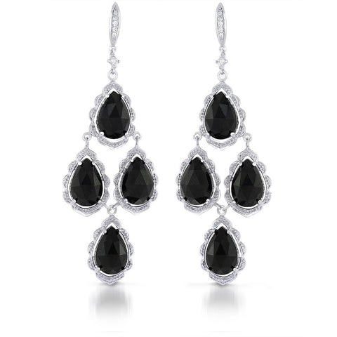 Genuine Onyz and CZ Chandelier Drop Earrings in Sterling Silver