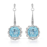 Cushion Cut Blue Topaz & Diamond  Drop Earrings in Sterling Silver
