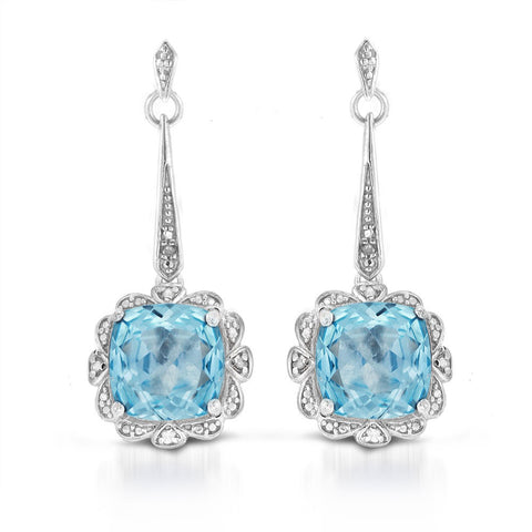 Cushion Cut Blue Topaz & Diamond  Drop Earrings in Sterling Silver