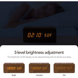 Brown Wood Digital LED Alarm Clock with Wireless Charging, Adjustable Sound & Brightness