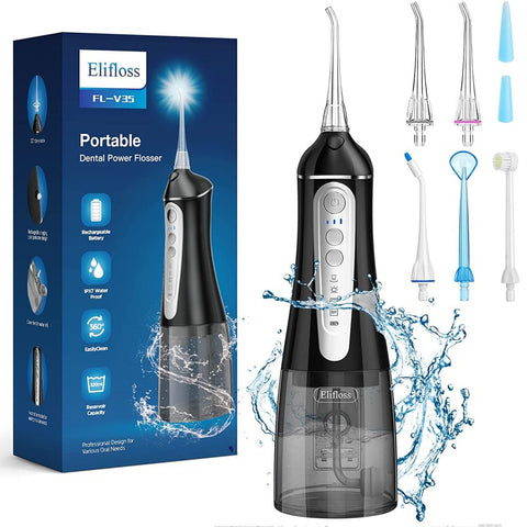 Elifloss Cordless Rechargeable Water Dental Flosser Oral Irrigator with 4 Modes and 7 Tips