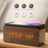 Brown Wood Digital LED Alarm Clock with Wireless Charging, Adjustable Sound & Brightness