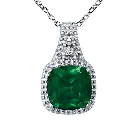 Sterling Silver 2.0CTW Cushion Cut Emerald and Diamond Accent Pendant